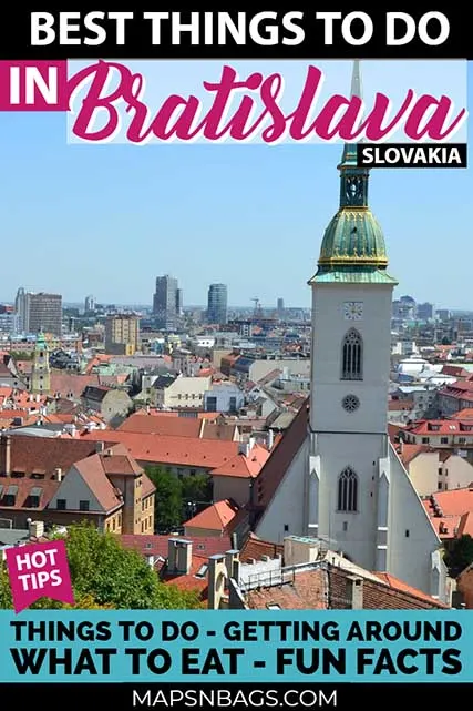 Explore the beautiful Bratislava! Best things to do, including a map, Slovak food, visit to all main attractions, fun facts, interesting statues, restaurants and where to stay. This day trip from Vienna will surprise you. #ThingstoDo #Slovakia #Bratislava #OldTown #Photography #Tips #Castle #UFO #Nightlife #Travel #Map #Instagram #architecture #Daytrip #Hotel #restaurants