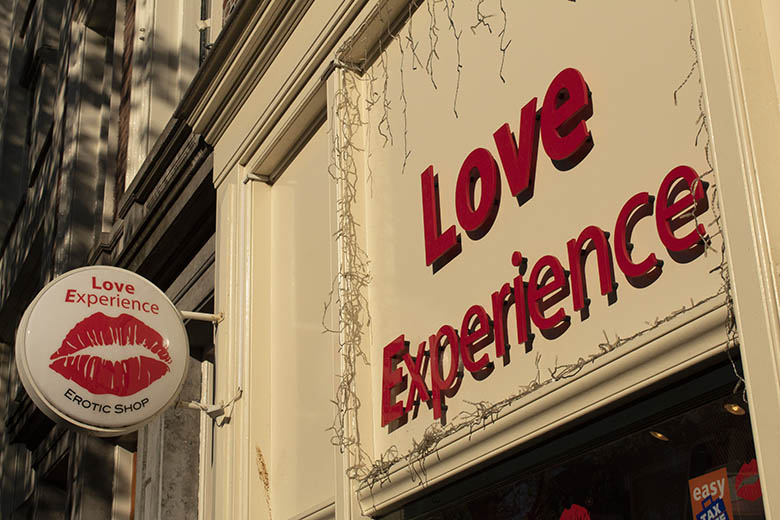 Store front of a sex shop in the Red Light District in Amsterdam, the Netherlands.