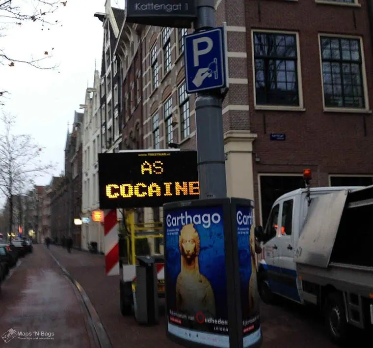 Street sign warning against fake cocaine in Amsterdam, the Netherlands
