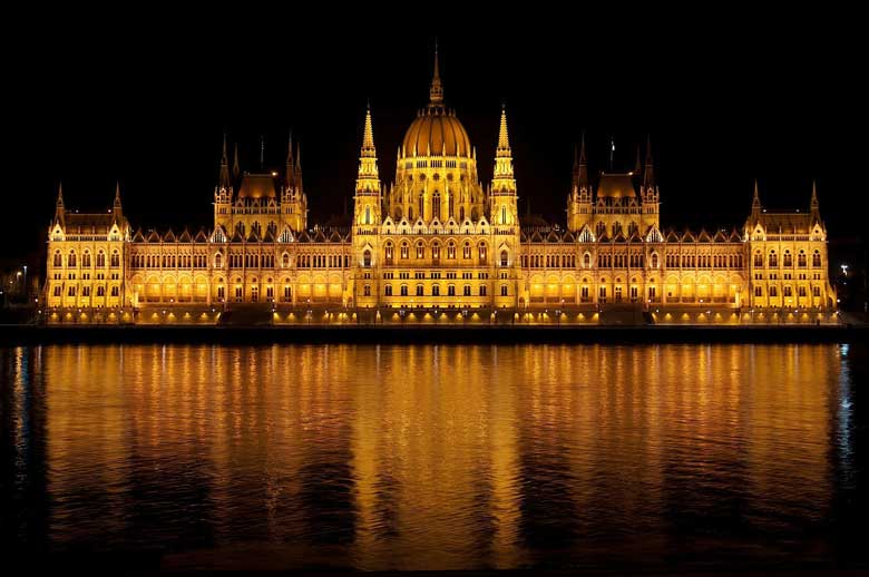 Hungarian parliament lit up at night in Budapest