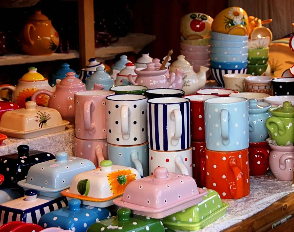 Colourful ceramic tableware in a market