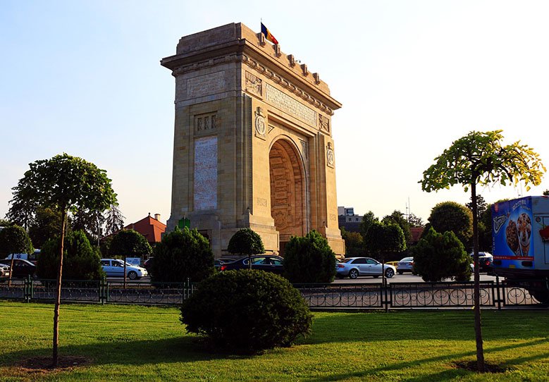 Triumphal Arch in a roundabout in Bucharest, Romania.