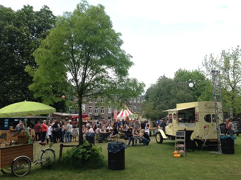 Food stalls from a festival in a park in Maastricht.