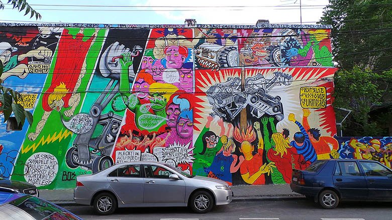 Colorful graffiti on a wall in the Arthur Verona Street in Bucharest, Romania