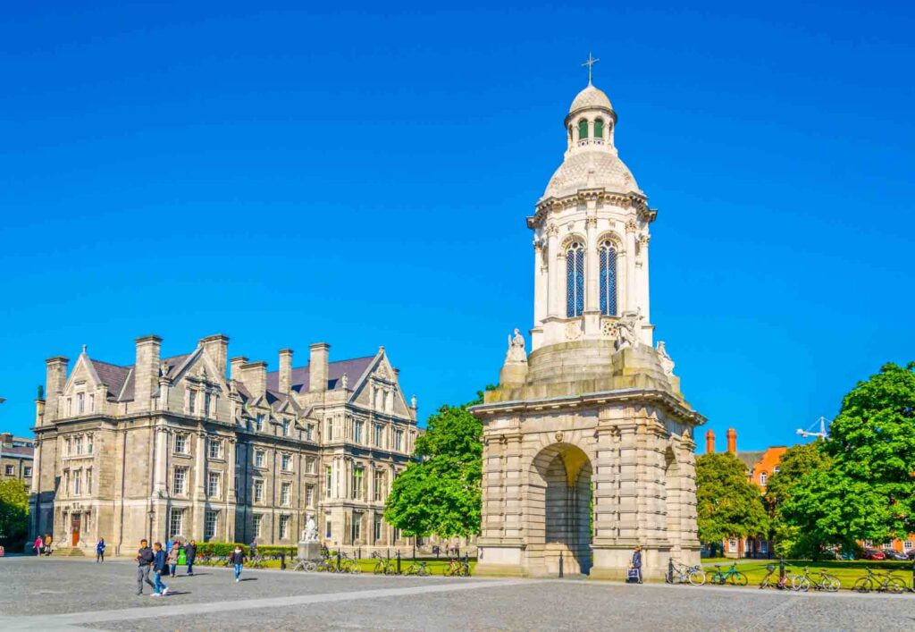 Campanile inside of the trinity college campus in Dublin, Ireland