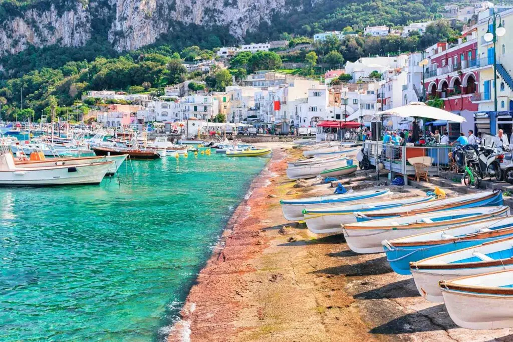 Boats at Marina Grande embankment in Capri Island in Tyrrhenian sea, Italy