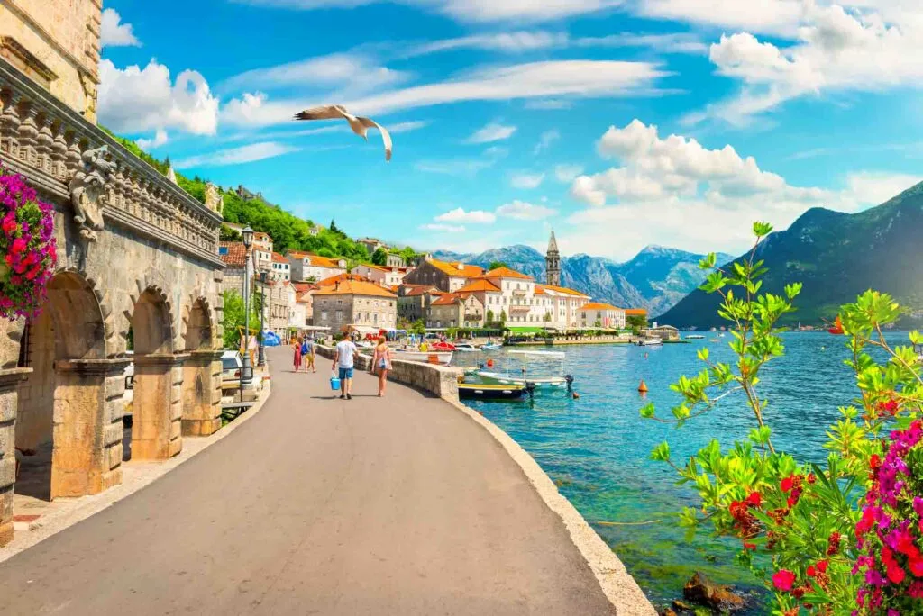 Historic city of Perast at Bay of Kotor in summer, Montenegro