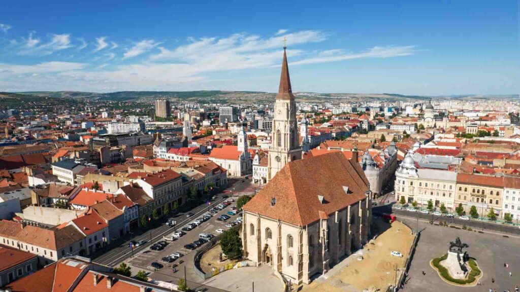 Aerial drone view of Saint Michael Church in Cluj Napoca, Romania