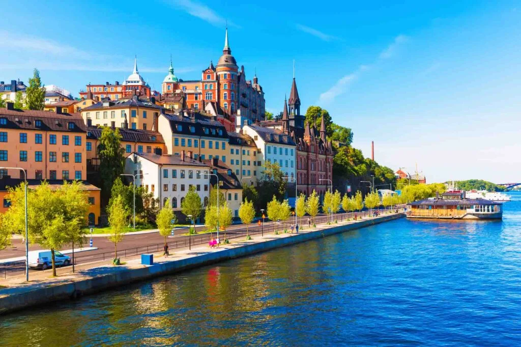 Scenic summer view of the Old Town pier architecture in Sodermalm district of Stockholm, Sweden