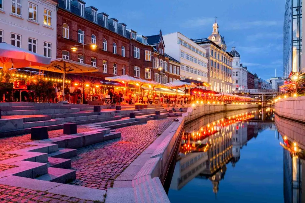 Evening lights in the Åboulevarden in Aarhus, Denmark