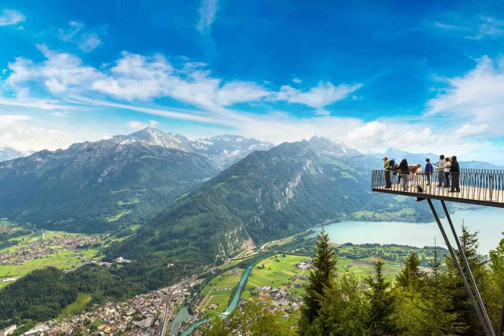 People standing on the observation deck in Interlaken in a beautiful summer day, Switzerland