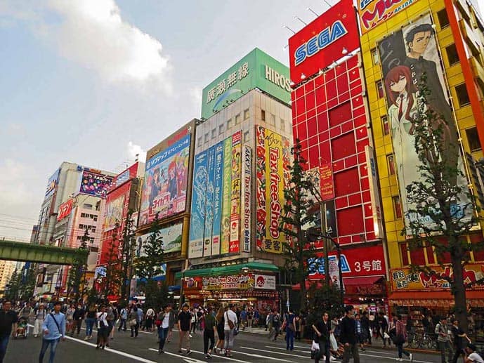 Akihabara in Japan. Busy street with colorful buildings.