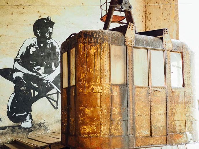 Old tram and graffiti in Chiatura, Georgia