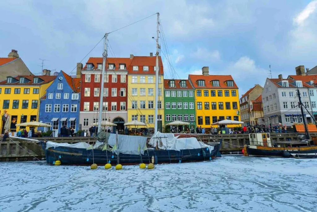 Colored facades of Nyhavn in Copenhagen in Denmark in winter