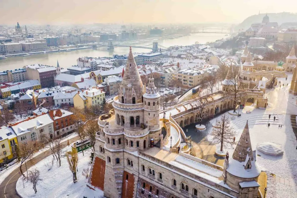 Aerial view of the snowy Fisherman's Bastion in Budapest, Hungary