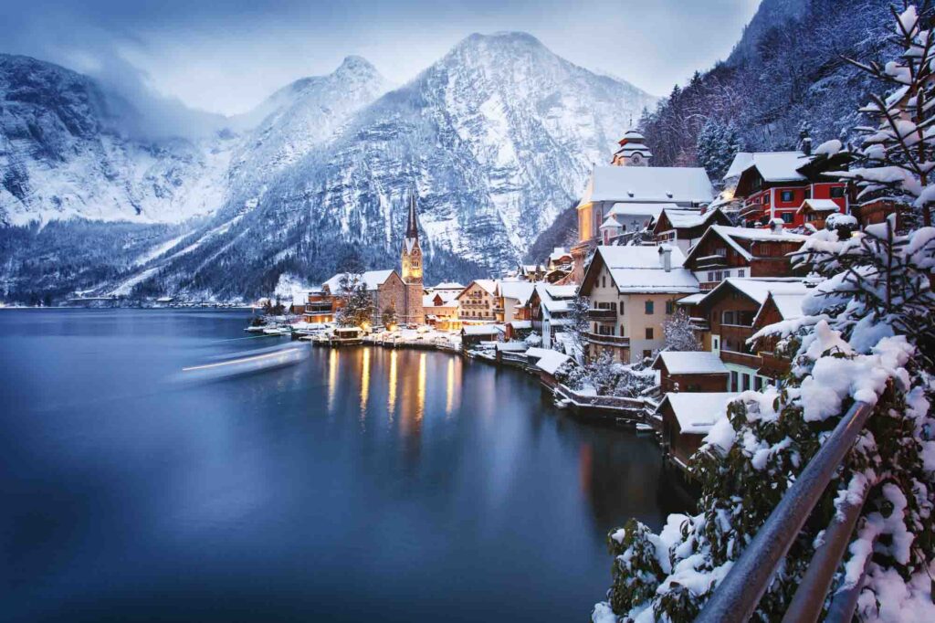 Winter View of Hallstatt, traditional austrian wood village, Austria