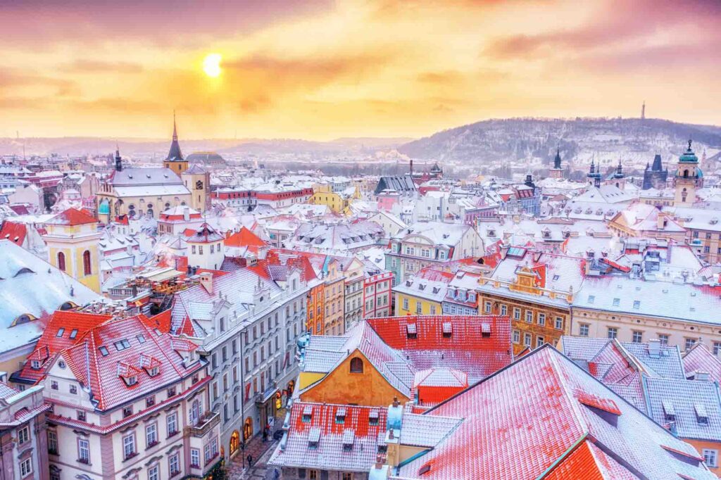 snowy roofs in Prague in Christmas time