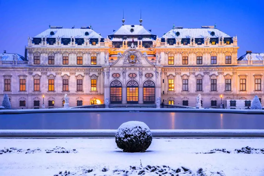 Upper Belvedere illuminated winter night in Vienna, Austria