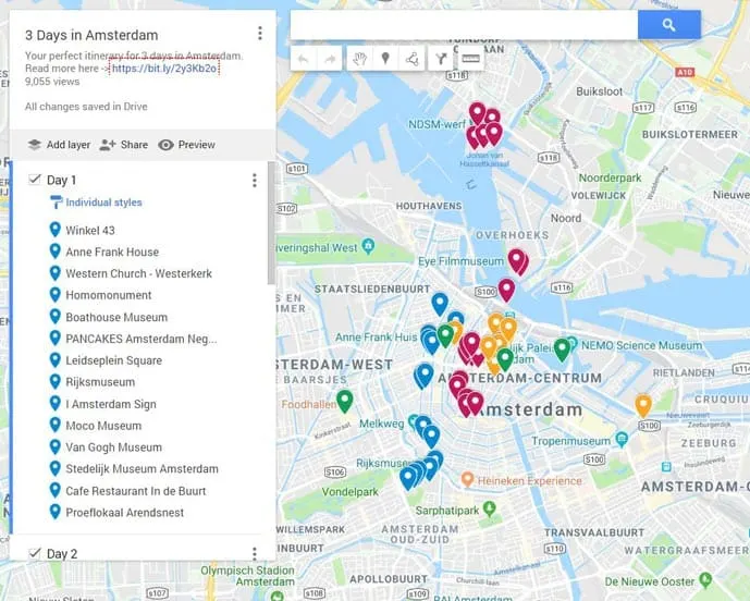 Map of three days in Amsterdam