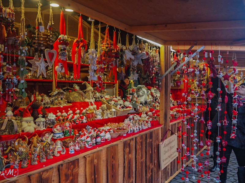 Stalls selling red Christmas decoration in Copenhagen.