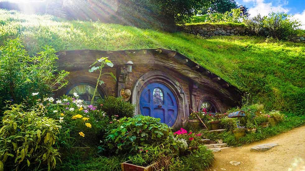 Round blue door at Hobbiton, New Zealand