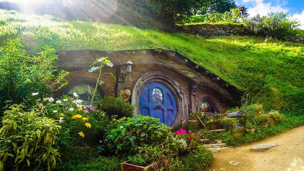 Round blue door at Hobbiton, New Zealand