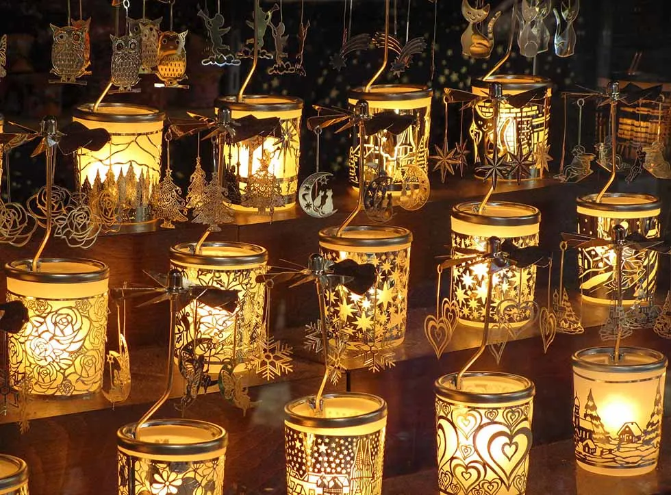 Tea lights on a stall in a Christmas market.