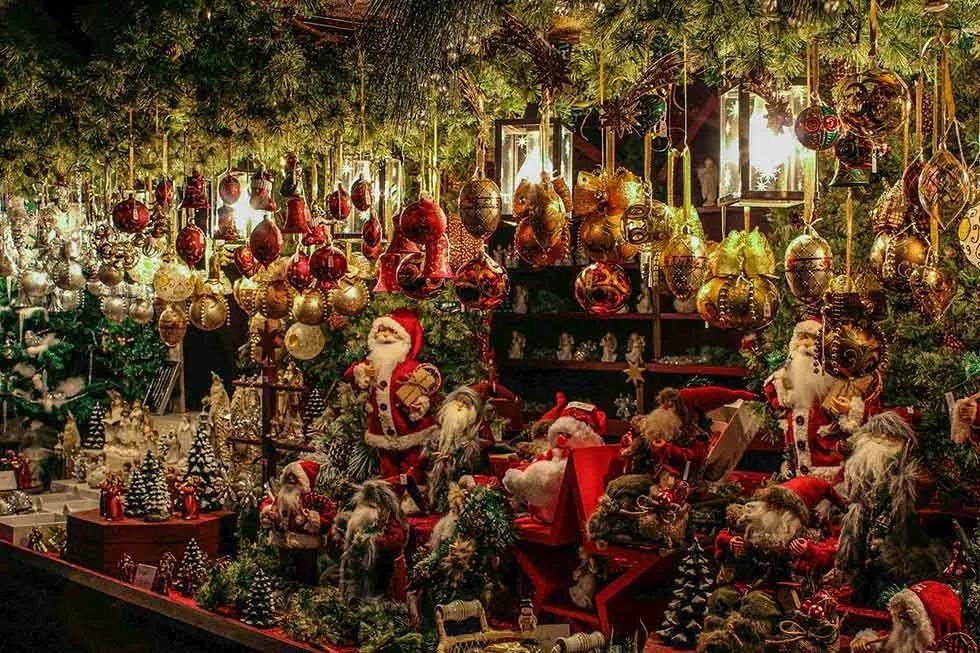 Christmas ornaments on a stall.