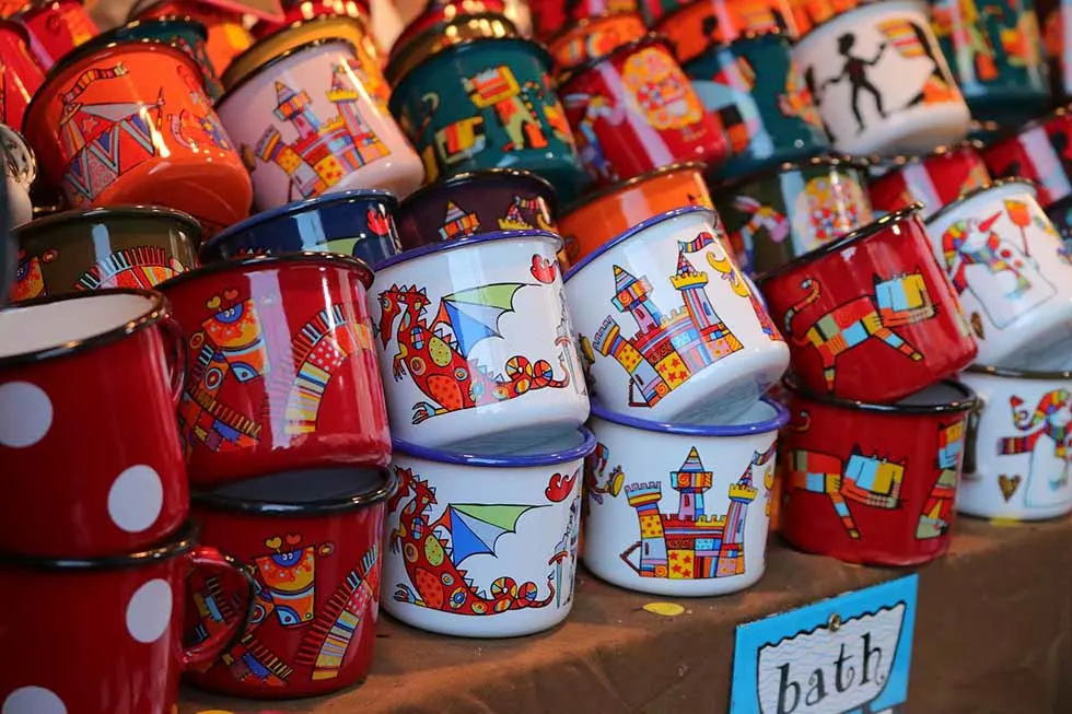 Red and white mugs at a Christmas market in Colmar.