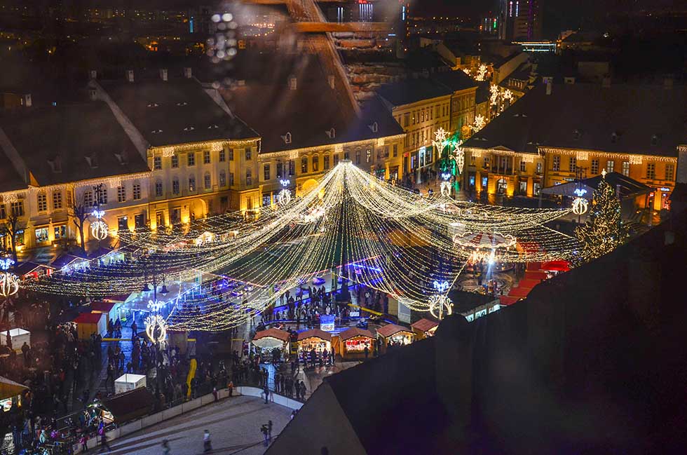 View over the lights of a Christmas market in Sibiu, Romania