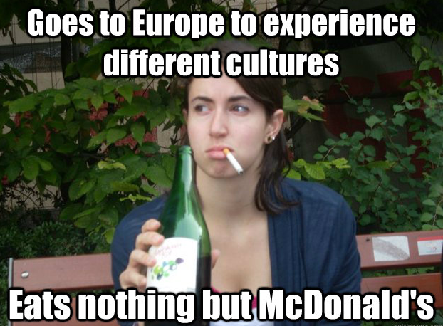 Girl smoking and drinking in a travel meme.