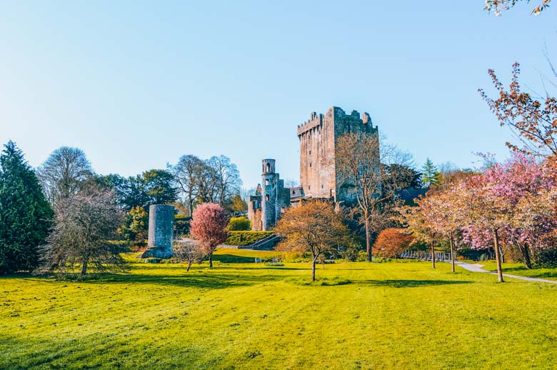 Blarney Castle in front of a green grass field with trees on a sunny day - a great day tour from Dublin!