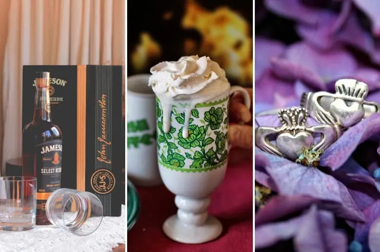 Collage of three Irish things: Jameson whiskey, mug, and Claddagh rings