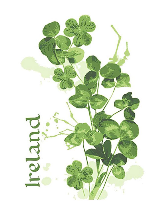 A branch of shamrocks and the word "Ireland" on a tea towel