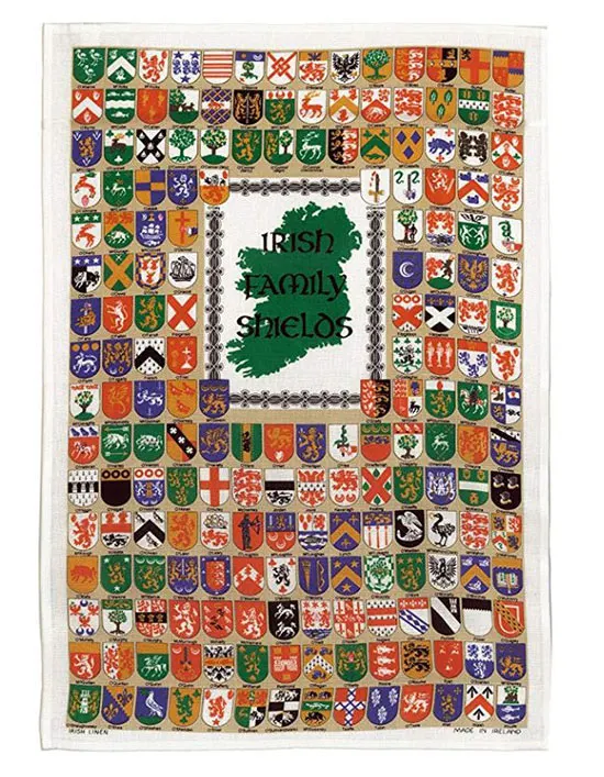 Shields of Irish names in a tea towel