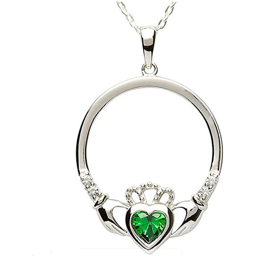 Claddagh ring pendant with a green stone