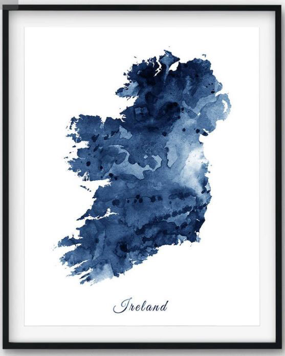 The framed blue watercolor print of Ireland is a perfect Irish souvenir