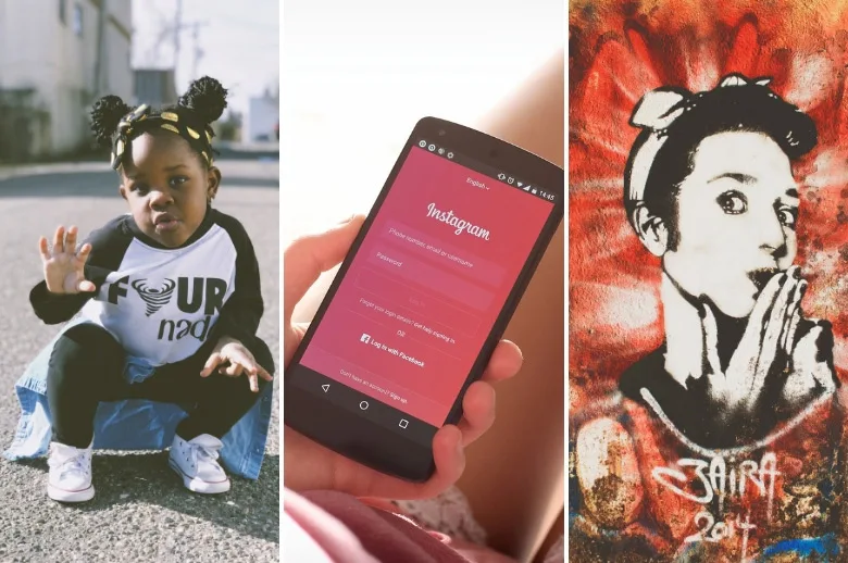 Collage of little girl being sassy, the Instagram app open on a black phone, and the white graffiti of a woman being sassy on a red wall.