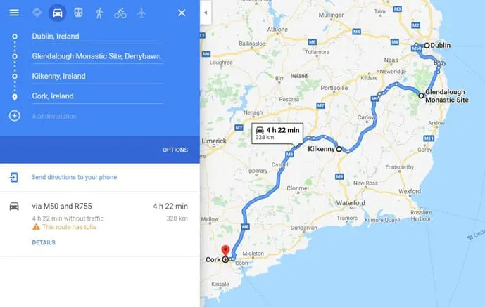 Map of driving route in an Ireland itinerary