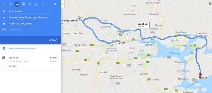 Map of driving route in an Ireland itinerary