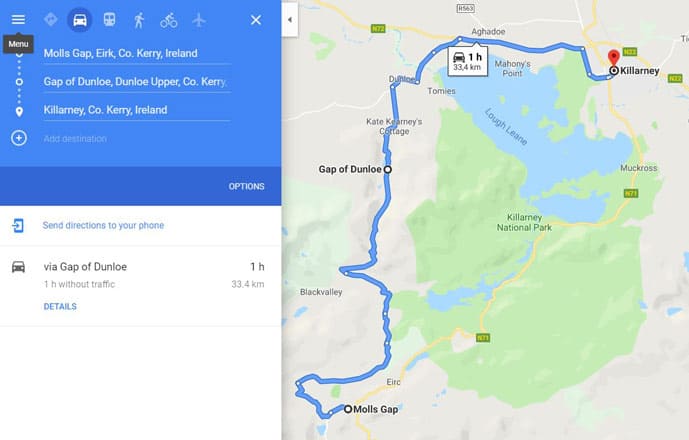 Map of driving route in an Ireland itinerary