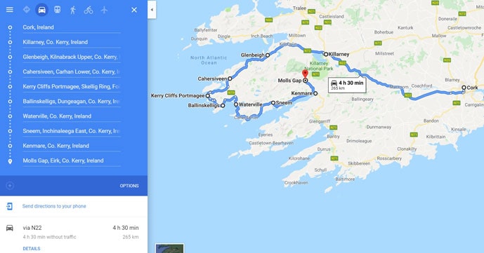 Map of driving route in an Ireland itinerary