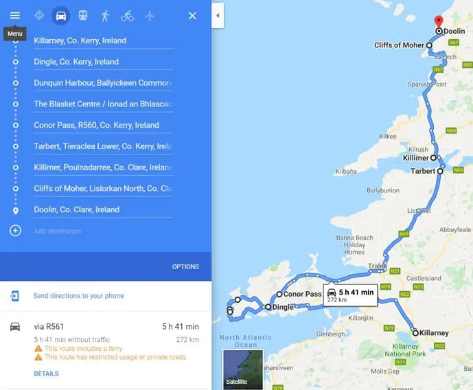 Map of driving route in an Ireland itinerary