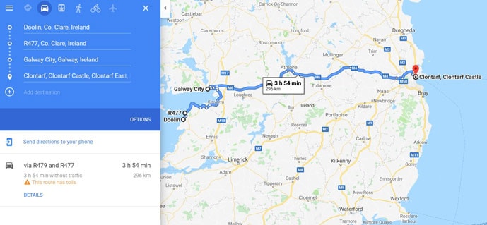 Map of driving route in an Ireland itinerary