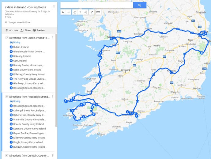 Map of driving route in an Ireland itinerary