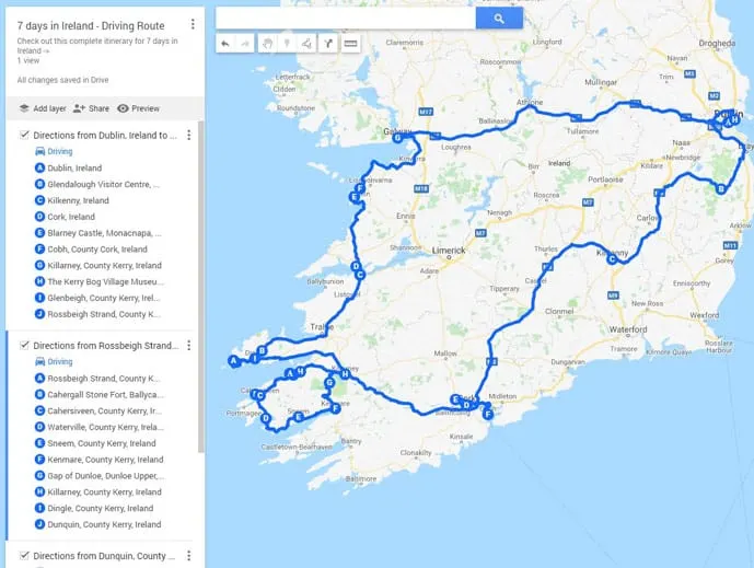 Map of driving route in an Ireland itinerary