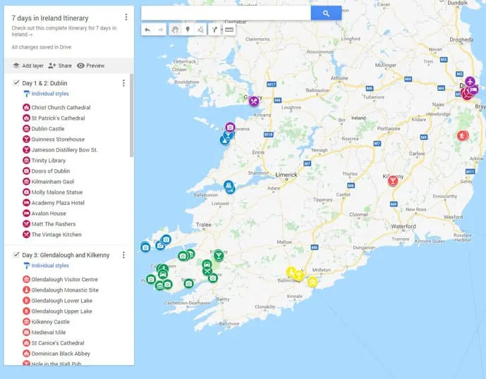 Map with locations of an Ireland itinerary