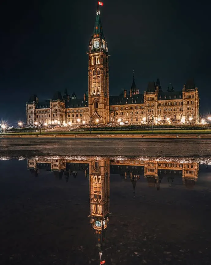 Canadian parliament lit up during the night