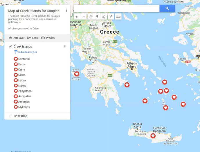 Map of Greek islands for couples