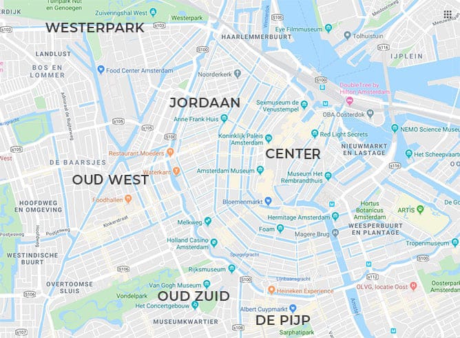 Map of where to stay in Amsterdam